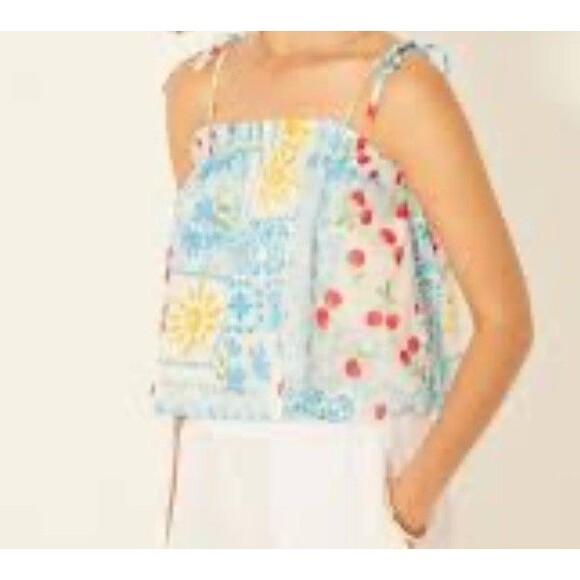Bila 77 Athens Babydoll Top Womens L White Floral Cherries Crop Boho Cottage - Picture 7 of 9